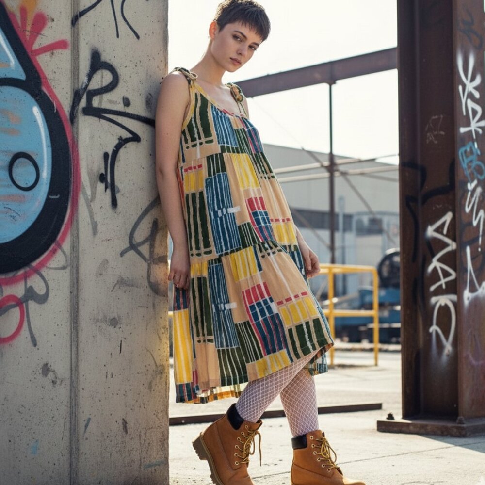 ☀️ TULLE Abstract Print Sundress Boho Tie Strap S 🎨